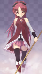 10s 1girl black_thighhighs bow checkered_background female_focus food hair_bow katatsuka_kouji long_hair magical_girl mahou_shoujo_madoka_magica mahou_shoujo_madoka_magica_(anime) mouth_hold pocky polearm ponytail red_hair sakura_kyoko sakura_kyoko_(magical_girl) smile solo steam thighhighs weapon