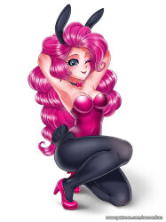 Rule 34 | 1girl, animal ears, armpits, black pantyhose, blue eyes, breasts, cleavage, high heels, humanization, large breasts, leotard, long hair, looking at viewer, my little pony, my little pony: equestria girls, my little pony: friendship is magic, pantyhose, pink hair, pinkie pie, playboy bunny, rabbit ears, rabbit tail, racoon-kun, solo, tail