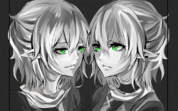 Rule 34 | 2girls, bad id, bad pixiv id, braid, commentary, dual persona, e.tag, expressionless, eye contact, french braid, green eyes, half-closed eyes, looking at another, mizuhashi parsee, monochrome, multiple girls, pointy ears, short hair, smirk, spot color, touhou, upper body