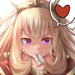 Rule 34 | &gt;:), 10s, 1girl, blonde hair, cagliostro (granblue fantasy), collarbone, crown, granblue fantasy, hairband, heart, heart-shaped pupils, long hair, looking at viewer, mouth hold, paper, pi (math), portrait, purple eyes, solo, spoken heart, symbol-shaped pupils, tai (nazutai), tiara, v-shaped eyebrows