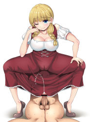 Rule 34 | 1boy, 1girl, assertive female, braid, breasts, cameltoe, censored, clothed female nude male, cum, dragon quest, dress, ejaculation, erection, femdom, handsfree ejaculation, highres, msize, nude, one eye closed, penis, sitting, sitting on face, sitting on person, smile, solo focus, spread legs, twin braids, wink