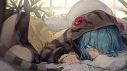 Rule 34 | 1girl, absurdres, aqua hair, bed sheet, blurry, blurry foreground, blush, eyes visible through hair, grabbing, green eyes, hair over one eye, highres, hood, hood up, hoodie, indoors, kemono friends, long sleeves, looking at viewer, lying, melaton, on side, parted lips, pillow, pocket, sheet grab, snake tail, solo, staring, striped clothes, striped hoodie, striped tail, tail, tsuchinoko (kemono friends), twisted torso, window