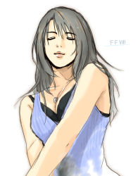 Rule 34 | 1990s (style), 1girl, bare shoulders, black hair, closed eyes, female focus, final fantasy, final fantasy viii, gradient background, himasen, jewelry, long hair, necklace, retro artstyle, rinoa heartilly, solo, white background