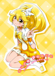 Rule 34 | 10s, 1girl, blonde hair, blush, boots, bow, character name, choker, copyright name, cure peace, dress, earrings, hair ornament, jewelry, kise yayoi, long hair, magical girl, massala, precure, sitting, skirt, smile, smile precure!, solo, v, wariza, yellow background, yellow dress, yellow eyes, yellow theme