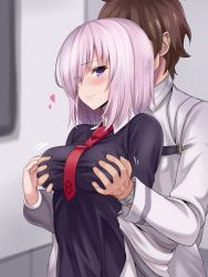 Rule 34 | 1boy, 1girl, between breasts, grabbing another&#039;s breast, breast press, breasts, eyes visible through hair, fate/grand order, fate (series), fujimaru ritsuka (male), grabbing, groping, hair over one eye, hetero, large breasts, mash kyrielight, necktie, necktie between breasts, purple eyes, purple hair, sengoku aky, short hair, solo focus