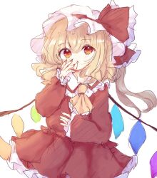 Rule 34 | 1girl, ascot, blonde hair, commentary request, crystal, flandre scarlet, hat, hat ribbon, highres, long hair, mob cap, multicolored wings, one side up, red eyes, red skirt, red vest, ribbon, side ponytail, simple background, skirt, skirt set, solo, touhou, vest, white background, white hat, wings, yellow ascot, yuzu shino (bon2rose)
