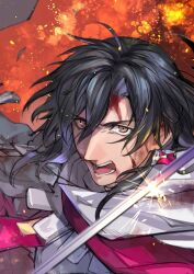 Rule 34 | 1boy, armor, black hair, blood, blood on face, blurry, cloak, constantine xi (fate), depth of field, earrings, embers, fate/grand order, fate (series), furrowed brow, grey eyes, hair between eyes, heki0529, highres, jewelry, long hair, looking at viewer, male focus, open mouth, solo, sword, teeth, upper body, weapon, white armor, white cloak
