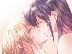 Rule 34 | 2girls, aihara mei, aihara yuzu, bare shoulders, black hair, blonde hair, citrus (saburouta), closed eyes, fingernails, from side, hair behind ear, hand on another&#039;s cheek, hand on another&#039;s face, highres, inseki, kiss, multiple girls, redqueen, step-siblings, wife and wife, yuri