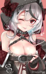 Rule 34 | 1girl, ;p, animal hood, bad id, bad twitter id, bare shoulders, black hair, bow, breasts, cleavage, fingerless gloves, gloves, grey hair, hair ornament, hairclip, heart collar, highres, hololive, hood, looking at viewer, medium breasts, multicolored hair, off shoulder, one eye closed, orca hood, plaid, plaid bow, rapapa, red bow, red eyes, sakamata chloe, short hair, solo, tongue, tongue out, virtual youtuber