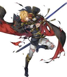 Rule 34 | 1boy, angry, ares (fire emblem), ascot, attack, black cape, black capelet, black coat, black footwear, blonde hair, boots, bruise, cape, capelet, clenched teeth, coat, collar, cuts, damaged, fire emblem, fire emblem: genealogy of the holy war, fire emblem heroes, full body, highres, holding, holding sword, holding weapon, injury, lips, looking to the side, male focus, medium hair, mystletainn, nintendo, official art, p-nekor, pants, scowl, serious, sheath, shoulder pads, sidelocks, solo, sword, teeth, torn cape, torn capelet, torn clothes, torn coat, torn pants, transparent background, weapon, white pants, yellow eyes