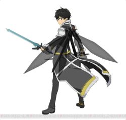Rule 34 | 10s, 1boy, black eyes, black hair, dual wielding, full body, holding, holding sword, holding weapon, kirito, kirito (sao-alo), looking at viewer, male focus, pointy ears, short hair, simple background, solo, sword, sword art online, sword art online: code register, watermark, weapon, white background, wings