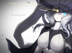 Rule 34 | 1girl, abyssal ship, anniversary, blue eyes, bodysuit, breasts, colored skin, commentary request, english text, glowing, glowing eye, hair between eyes, hat, headgear, highres, kantai collection, konoshige (ryuun), long hair, looking at viewer, pale skin, shaded face, solo, tears, teeth, tentacles, upper body, white skin, wo-class aircraft carrier