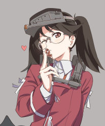 Rule 34 | 10s, 1girl, bespectacled, brown eyes, brown hair, glasses, grey background, headgear, heart, jewelry, kantai collection, long hair, ningen (ningen96), one eye closed, pendant, ryuujou (kancolle), simple background, solo, twintails, upper body, wink
