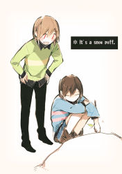Rule 34 | :d, androgynous, black footwear, black hair, black pants, blue shorts, blush, blush stickers, boots, brown footwear, brown hair, chara (undertale), comic, english text, frisk (undertale), gender request, hands on own hips, holding, long sleeves, looking at another, mii (chibinomi), motion lines, open mouth, pants, red eyes, shirt, shorts, smile, snow, spoilers, standing, stick, striped clothes, striped shirt, sweater, undertale