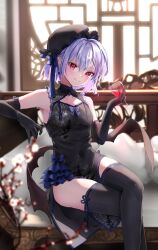 1girl armpits bare_shoulders bat_wings black_gloves black_leotard black_thighhighs blush crossed_legs cup elbow_gloves gloves grey_hair hair_between_eyes highres holding holding_cup leotard looking_at_viewer medium_hair on_chair pointy_ears red_eyes remilia_scarlet shironeko_yuuki sidelocks sitting smile thighhighs touhou vampire wings