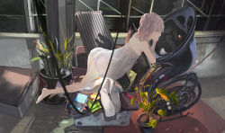 Rule 34 | 1girl, berlinetta, highres, instrument, lin+, notebook, pixiv fantasia, pixiv fantasia fallen kings, plant, potted plant, red eyes, shadow, solo, tuba, white hair