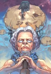 Rule 34 | 1girl, chocolate chip cookie, cookie, cookie clicker, cursor, disembodied hand, eyewear strap, food, forehead, frown, glasses, grandma (cookie clicker), hungry clicker, old, old woman, rolling pin, serious, short hair, silver hair, solo, upper body, wrinkled skin