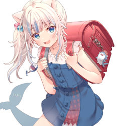 Rule 34 | 1girl, animal ears, backpack, bag, blue eyes, blue hair, cat ears, cube hair ornament, fins, fish tail, gawr gura, gawr gura (casual), hair ornament, hololive, hololive english, looking at viewer, multicolored hair, open mouth, randoseru, serino itsuki, shark tail, sharp teeth, side ponytail, simple background, smile, solo, streaked hair, tail, teeth, virtual youtuber, white background, white hair