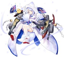 Rule 34 | 1girl, animal ears, azur lane, cloak, colored eyelashes, folding fan, full body, hand fan, highres, hood, hooded cloak, japanese clothes, long sleeves, looking at viewer, manjuu (azur lane), open mouth, purple eyes, rigging, smile, solo, thighhighs, transparent background, turret, uranami (azur lane), white hair, white thighhighs, wide sleeves