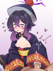 Rule 34 | 1boy, 1girl, alternate costume, blue archive, blush, breasts, commentary request, commission, cum, halo, handjob, haruka (blue archive), hetero, highres, jiangshi costume, long sleeves, medium hair, nipples, nose blush, parted lips, penis, purple eyes, purple hair, purple halo, skeb commission, sleevejob, sleeves past fingers, sleeves past wrists, small breasts, solo focus, wavy mouth, yotubeya