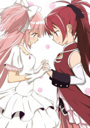 Rule 34 | 10s, 2girls, aoki ume, bare shoulders, choker, detached sleeves, dress, face-to-face, gem, gloves, hair ribbon, holding hands, interlocked fingers, kaname madoka, long hair, magical girl, mahou shoujo madoka magica, mahou shoujo madoka magica (anime), multiple girls, official art, pink hair, ponytail, red eyes, red hair, ribbon, sakura kyoko, short twintails, smile, third-party edit, twintails, two side up, ultimate madoka, white dress, yellow eyes