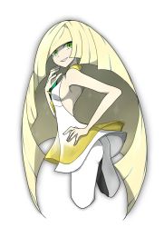 Rule 34 | 1girl, ass, bad id, bad twitter id, bare arms, blonde hair, blunt bangs, breasts, creatures (company), cropped legs, dress, empty eyes, flat ass, from behind, game freak, gem, green eyes, grey hair, grin, hand on own hip, highres, kuroi paseri, leggings, long hair, looking back, lusamine (pokemon), medium breasts, multicolored hair, nintendo, no bra, pokemon, pokemon sm, short dress, sideboob, simple background, sleeveless, sleeveless dress, smile, solo, sparkle, streaked hair, teeth, very long hair, white background, white dress