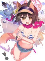 Rule 34 | 1girl, animal ears, beach, bikini, black hat, blue archive, breasts, brown eyes, brown hair, cleavage, commentary request, denim, denim shorts, fang, flower, fox ears, fox girl, fox tail, hair flower, hair ornament, hat, highres, izuna (blue archive), izuna (swimsuit) (blue archive), looking at viewer, medium breasts, micro shorts, open mouth, puuakachan, red scarf, scarf, short hair, shorts, skin fang, solo, striped bikini, striped clothes, sunflower, sunflower hair ornament, swimsuit, tail, visor cap, watch