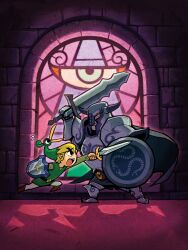 Rule 34 | 2boys, absurdres, armor, belt, blonde hair, boots, brown belt, brown footwear, cape, character request, ezlo, fake horns, fighting, from side, green headwear, green tunic, helmet, highres, holding, holding shield, holding sword, holding weapon, horned helmet, horns, indoors, link, multiple boys, nintendo, official art, open mouth, pointy ears, shield, short hair, stained glass, sword, teeth, the legend of zelda, the legend of zelda: the minish cap, toon link, upper teeth only, weapon