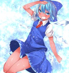 Rule 34 | 1girl, blue dress, blue eyes, blue hair, blush, bow, breasts, buta (uhoiiotoko), cirno, collared shirt, commentary request, dress, full body, grin, hair between eyes, hair bow, ice, ice wings, jumping, looking at viewer, necktie, pinafore dress, puffy short sleeves, puffy sleeves, red necktie, shiny skin, shirt, short hair, short sleeves, sleeveless dress, small breasts, smile, snow, solo, tan, tanned cirno, touhou, white shirt, wing collar, wings