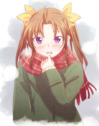 Rule 34 | 1girl, blush, brown hair, e20, forehead, fringe trim, green jacket, hair ribbon, hand up, jacket, kagerou (kancolle), kantai collection, long hair, long sleeves, looking at viewer, nose blush, open mouth, parted bangs, plaid, plaid scarf, purple eyes, red scarf, ribbon, scarf, sleeves past wrists, solo, twintails, upper body, yellow ribbon