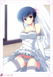 Rule 34 | 1girl, absurdres, bare shoulders, blue hair, blush, bow, breasts, bride, clothes lift, dress, dress lift, elbow gloves, flower, garter belt, garter straps, gloves, hair bun, hair flower, hair ornament, highres, image sample, lace, lace-trimmed legwear, lace-trimmed panties, lace trim, large breasts, panties, red eyes, skirt, skirt lift, solo, thighhighs, underwear, upskirt, wedding dress, white gloves, white panties, white thighhighs, yuuki makoto (radiant)