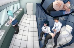 Rule 34 | 1boy, 2girls, absurdres, alternate costume, anal, anus, ass, ass grab, bathroom, black legwear, blush, breast press, breasts, clothed male nude female, clothed sex, clothes, curvy, english text, eyeshadow, from behind, fubuki (one-punch man), grabbing, grabbing from behind, green eyes, green hair, hetero, highres, huge ass, large breasts, large penis, long hair, looking back, makeup, mature female, mature male, multiple girls, nude, nyalinch, one-punch man, open mouth, pale skin, penis, perspective, psykos, public indecency, pussy, saitama (one-punch man), school, school uniform, sex, sex from behind, short hair, skirt, stealth sex, superhero costume, testicles, thick thighs, thighhighs, thighs, toilet, upper body, wide hips, wig, zettai ryouiki