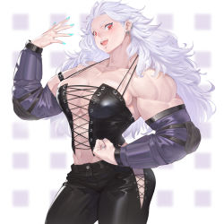 Rule 34 | 1girl, abs, absurdres, blonde hair, breasts, corset, dorohedoro, duplicate, earrings, gloves, highres, jewelry, large breasts, long hair, looking at viewer, muscular, muscular female, navel, noi (dorohedoro), red eyes, simple background, smile, solo, white hair, young (artist)