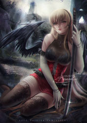 Rule 34 | 1girl, axsen, black hairband, black ribbon, black wings, blonde hair, bracelet, brown thighhighs, closed mouth, elbow gloves, feathered wings, gloves, hair between eyes, hair ribbon, hairband, high-waist skirt, highres, holding, holding sword, holding weapon, jewelry, kiss-shot acerola-orion heart-under-blade, lace trim, long hair, miniskirt, monogatari (series), necklace, oshino shinobu, outdoors, rain, red skirt, ribbon, sitting, skirt, smile, solo, sword, thighhighs, very long hair, watermark, weapon, web address, white gloves, wings, yellow eyes, zettai ryouiki