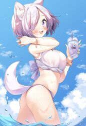 Rule 34 | 1girl, ;d, animal ears, bikini, blue sky, bracelet, breasts, cup, disposable cup, fang, gau (n00 shi), green nails, highres, indie virtual youtuber, inugami yuki, jewelry, looking at viewer, medium breasts, one eye closed, open mouth, purple bikini, purple eyes, shirt, shirt rolled up, short hair, skin fang, sky, smile, swimsuit, tail, virtual youtuber, water, white hair, white shirt, wolf ears, wolf girl, wolf tail