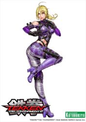 Rule 34 | 1girl, ass, bare shoulders, blonde hair, blue eyes, bodysuit, boots, breasts, detached sleeves, fighting stance, full body, gloves, high heel boots, high heels, holster, knife, light smile, lipstick, long hair, makeup, namco, nina williams, nose, official art, ponytail, simple background, solo, standing, standing on one leg, tekken, tekken 2, tekken 3, tekken 4, tekken 5, tekken 6, tekken blood vengeance, tekken tag tournament, tekken tag tournament 2, thigh holster, watermark, yamashita shun&#039;ya