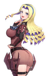 Rule 34 | 1girl, absurdres, armor, ass, belt, blonde hair, blue eyes, blue headband, breasts, constance von nuvelle, cowboy shot, curly hair, detached sleeves, dress, earrings, fire emblem, fire emblem: three houses, gonzarez, hand to own mouth, headband, highres, jewelry, large breasts, long hair, looking back, nintendo, ojou-sama pose, open mouth, ringlets, short dress, solo, thigh strap, white background, wide hips
