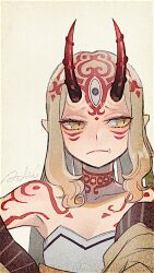 Rule 34 | 1girl, bare shoulders, blonde hair, body markings, facial mark, fang, fate/grand order, fate (series), forehead mark, frown, horns, ibaraki douji (fate), isagiyo, japanese clothes, kimono, long hair, looking to the side, off shoulder, oni, oni horns, pointy ears, simple background, solo, upper body, yellow eyes, yellow kimono