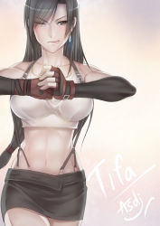 Rule 34 | &gt;;p, 1girl, artist name, asdj, bare shoulders, black hair, breasts, brown eyes, character name, collarbone, cowboy shot, cracking knuckles, earrings, elbow gloves, final fantasy, final fantasy vii, fingerless gloves, gloves, hair over one eye, hands up, highres, jewelry, long hair, looking to the side, low-tied long hair, midriff, miniskirt, navel, one eye closed, own hands together, pencil skirt, skirt, solo, stomach, suspender skirt, suspenders, tank top, tifa lockhart, tongue, tongue out, v-shaped eyebrows, walking