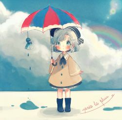Rule 34 | 1girl, adapted costume, alternate costume, alternate headwear, bad id, bad twitter id, blush, boots, cloud, day, french text, full body, green eyes, green hair, hat, heart, heart-shaped pupils, komeiji koishi, long sleeves, matching hair/eyes, rainbow, rubber boots, sailor collar, school uniform, shirt, short hair, skirt, sky, solo, symbol-shaped pupils, text focus, touhou, umbrella, wide sleeves, yujup