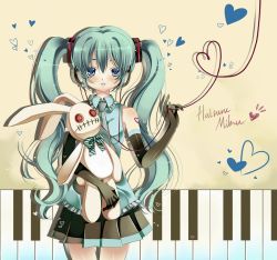 Rule 34 | 1girl, aqua hair, bad id, bad pixiv id, bare shoulders, blue eyes, bow, bowtie, button eyes, buttons, elbow gloves, gloves, hatsune miku, headphones, heart, heart of string, long hair, looking at viewer, masushita, necktie, piano keys, skirt, solo, stuffed animal, stuffed rabbit, stuffed toy, twintails, vocaloid