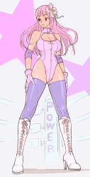 Rule 34 | 1girl, bad id, bad tumblr id, boots, cleavage cutout, clothing cutout, elbow gloves, gloves, kilart, leotard, long hair, pink hair, red eyes, solo, thighhighs, wrestler, wrestling outfit
