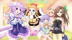Rule 34 | 10s, 5girls, absurdres, animal hands, bare shoulders, blonde hair, bow, brown hair, compa, d-pad, fang, game cg, gloves, green eyes, hair bow, hair ornament, hairband, highres, if (neptunia), long hair, looking at viewer, multiple girls, neptune (neptunia), neptune (series), official art, open mouth, paw gloves, pish, purple eyes, purple hair, pururut, short hair, smile, stuffed animal, stuffed toy, sweater, teddy bear, tsunako, very long hair