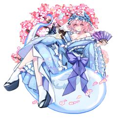 Rule 34 | 1girl, bare shoulders, blue bow, blue hat, blue kimono, bow, breasts, cherry blossoms, cleavage, collarbone, commentary request, floral background, floral print, flower, frilled kimono, frilled sleeves, frills, full body, ghost, hand fan, hat, highres, holding, holding fan, japanese clothes, kimono, knees up, long sleeves, looking at viewer, medium hair, mob cap, off shoulder, okobo, parted lips, pink eyes, pink flower, pink hair, saigyouji yuyuko, sandals, socks, solo, tamatetama, touhou, triangular headpiece, waist bow, white socks, wide sleeves