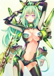 Rule 34 | 10s, 1girl, arm up, armor, arms up, black gloves, bodysuit, bracer, breasts, center opening, cleavage, colored eyelashes, commentary, contrapposto, cowboy shot, elbow gloves, faulds, female focus, gloves, green hair, green heart (neptunia), headgear, high ponytail, highres, holding, holding weapon, jpeg artifacts, large breasts, light smile, long hair, looking at viewer, magical girl, navel, neon trim, neptune (series), pink eyes, polearm, ponytail, power symbol, power symbol-shaped pupils, purple eyes, simple background, solo, spear, standing, sword, sxbzero, symbol-shaped pupils, thighhighs, turtleneck, vert (neptunia), very long hair, weapon