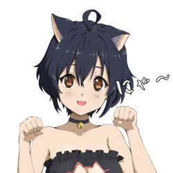 Rule 34 | 1girl, 22/7, ahoge, animal ears, bell, black bra, black choker, blue hair, bra, breasts, brown eyes, cat cutout, cat ears, cat girl, cat lingerie, choker, cleavage, cleavage cutout, clenched hands, clothing cutout, collarbone, dark blue hair, fang, frilled bra, frills, hair between eyes, highres, looking at viewer, meme attire, morinomiya ruri, neck bell, open mouth, paw pose, portrait, short hair, simple background, skin fang, sleeveless, solo, takigawa miu, underwear, wavy hair, white background