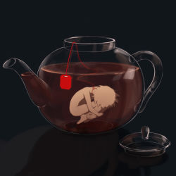 Rule 34 | 1boy, avogado6, black background, commentary request, facing away, fetal position, full body, in container, hugging own legs, lid, male focus, nude, original, oversized object, pale skin, shadow, short hair, simple background, solo, submerged, teapot, white hair, wide shot