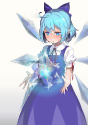 Rule 34 | 1girl, absurdres, ahoge, blue dress, blue eyes, blue hair, blush, cirno, dress, full-face blush, gradient background, hair ribbon, highres, ice, ice wings, matching hair/eyes, open mouth, puffy sleeves, ribbon, see-through, short hair, short sleeves, solo, squiggle, suppa (hagakuresuppa), sweat, touhou, wings