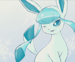 Rule 34 | aberu (ycrr3542), blush, bright pupils, commentary request, creatures (company), game freak, gen 4 pokemon, glaceon, green eyes, looking to the side, nintendo, no humans, pokemon, pokemon (creature), sitting, smile, snowflakes, solo, white pupils