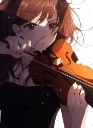 Rule 34 | 1girl, brown hair, clenched teeth, collarbone, crying, crying with eyes open, floating hair, highres, holding, holding instrument, holding violin, instrument, long hair, music, original, playing instrument, solo, sweat, tears, teeth, ume ryou, upper body, violin, white background
